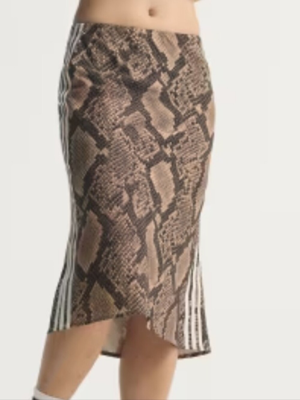 Adidas Women Satin Brown Snake-Print Maxi Skirt with White Side Stripes